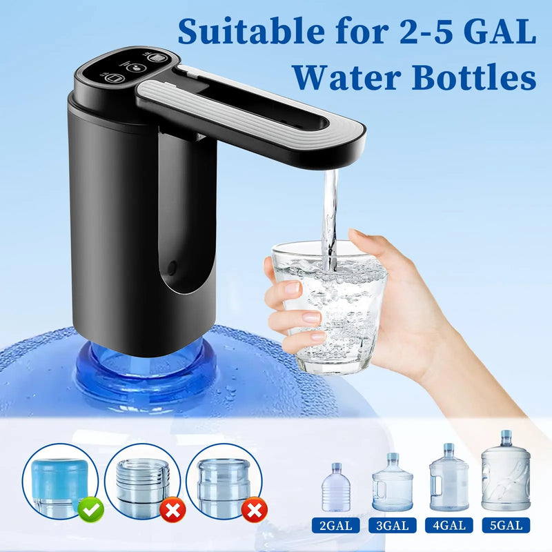 Distribuidor de água automático para garrafa de 5 galões, carregamento tipo C, portátil, elétrico, preto
