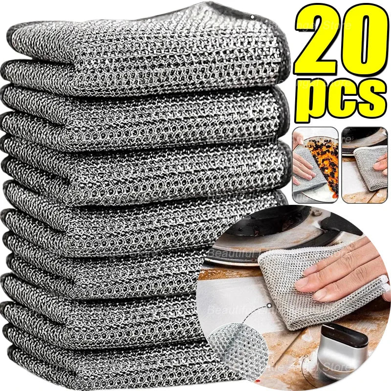 Pano de limpeza de fio de aço espessado, sem arranhões, dupla camada, microfibra de ferro, malha Dishrag, lavando pano, toalha de cozinha, 20 pcs, 5pcs